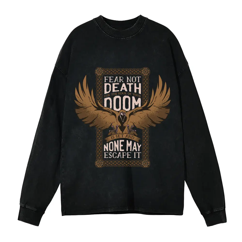 Viking Quote Acid Wash Oversized Long Sleeve Shirt