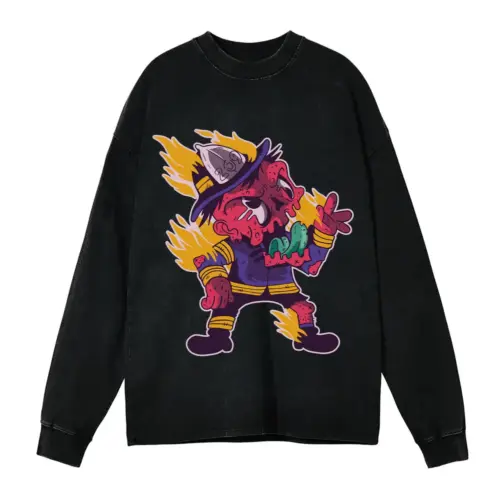 Zombie Firefighter Acid Wash Oversized Long Sleeve Shirt