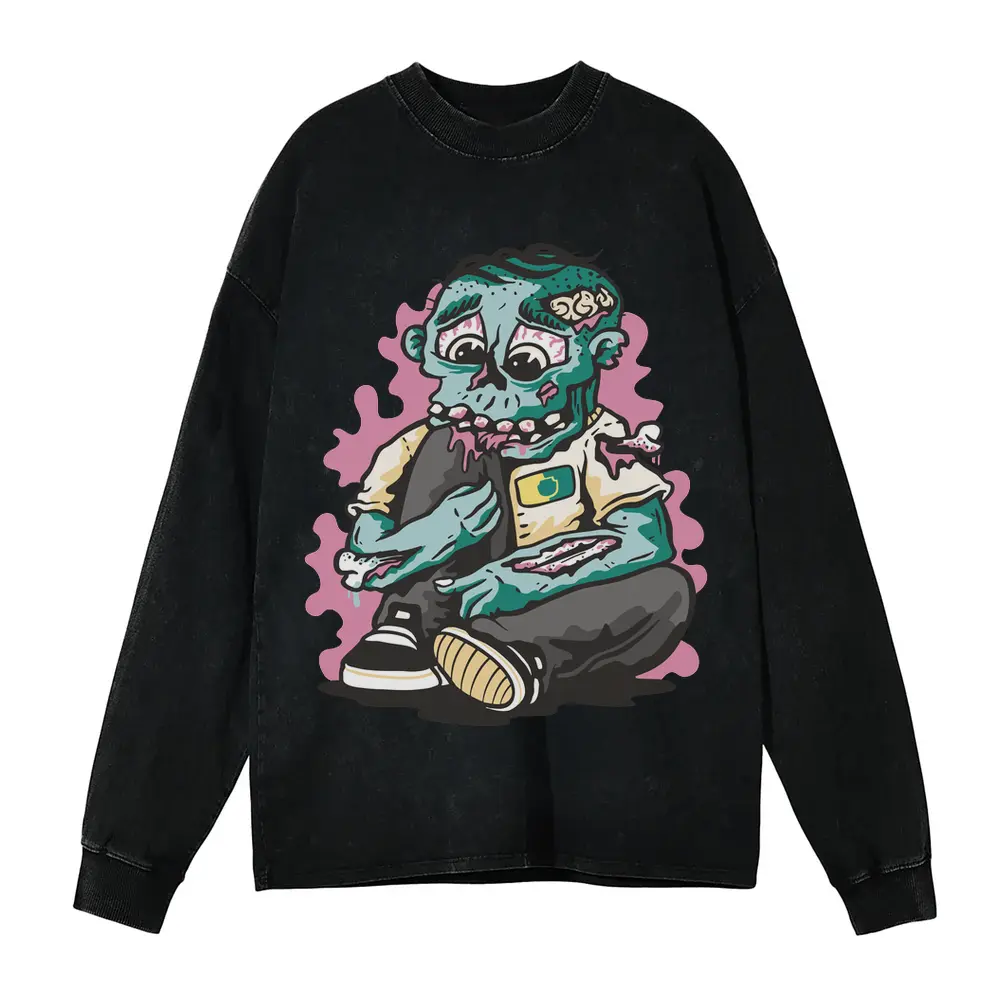 Zombie Eating Knee Acid Wash Oversized Long Sleeve Shirt