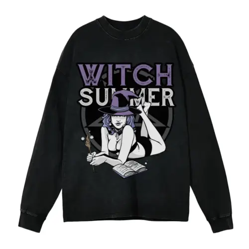 Witch Summer Acid Wash Oversized Long Sleeve Shirt