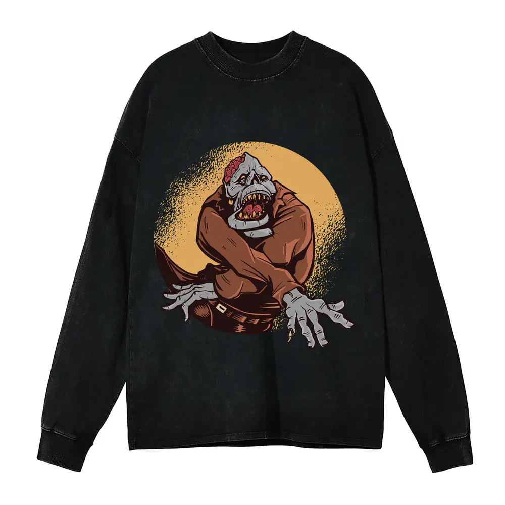Zombie Halloween Acid Wash Oversized Long Sleeve Shirt