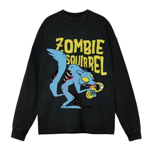 Zombie Squirrel Acid Wash Oversized Long Sleeve Shirt