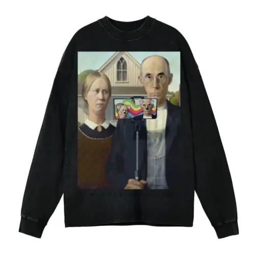American Gothic Selfie Acid Wash Oversized Long Sleeve Shirt