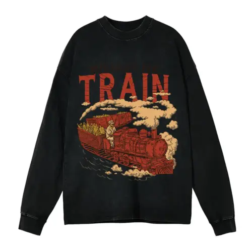 Whiskey Train Acid Wash Oversized Long Sleeve Shirt
