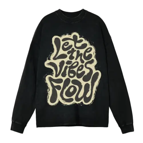 2 Lettering Let The Vibes Flow Si Acid Wash Oversized Long Sleeve Shirt