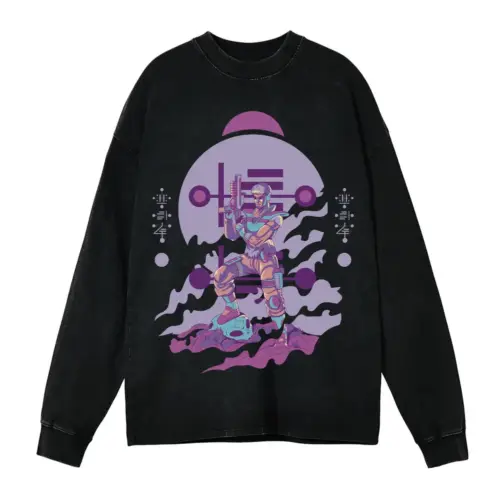 Alien Invasion C Acid Wash Oversized Long Sleeve Shirt