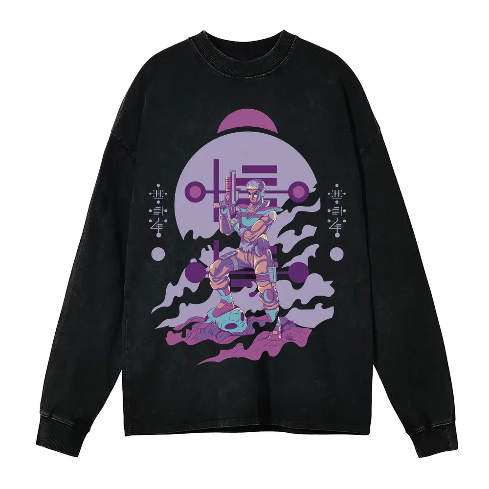 Alien Invasion C Acid Wash Oversized Long Sleeve Shirt
