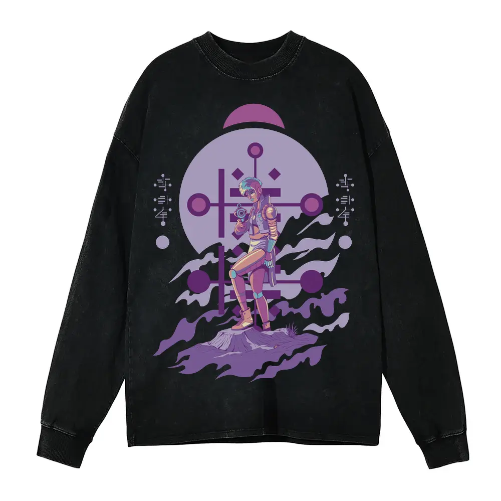 Alien Invasion F Acid Wash Oversized Long Sleeve Shirt