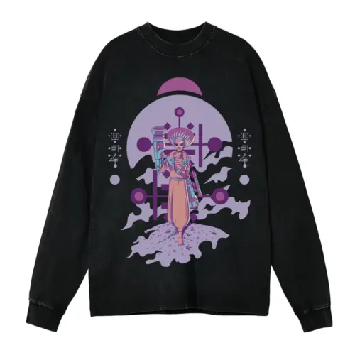 Alien Invasion D Acid Wash Oversized Long Sleeve Shirt