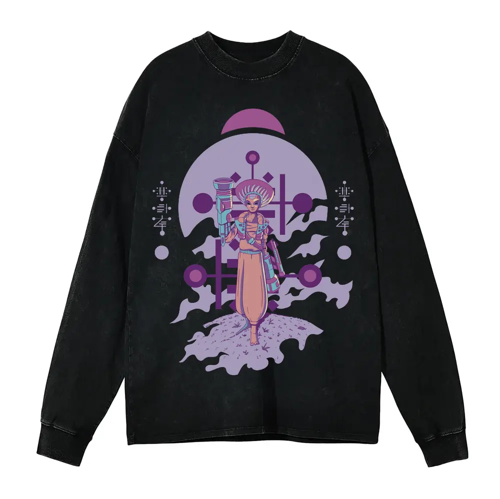 Alien Invasion D Acid Wash Oversized Long Sleeve Shirt