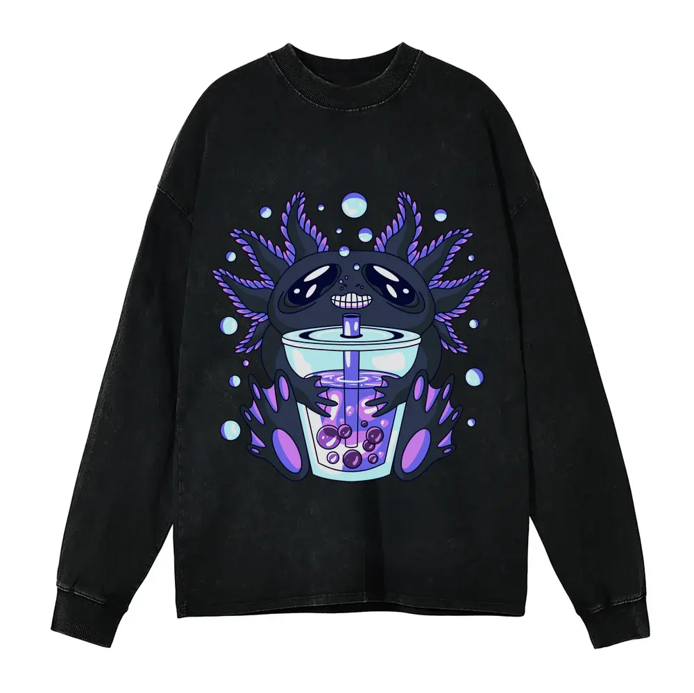 Axolotl Bouble Tea Acid Wash Oversized Long Sleeve Shirt