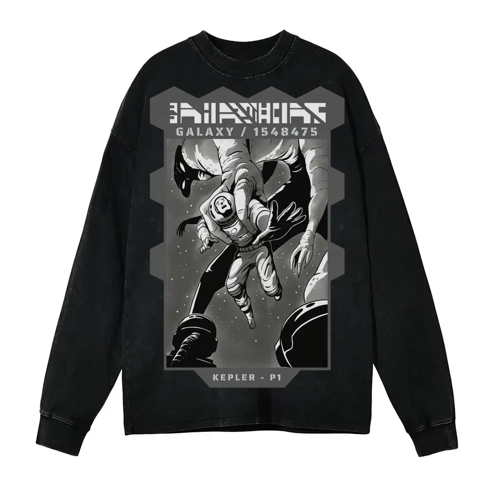 Astronauts Acid Wash Oversized Long Sleeve Shirt