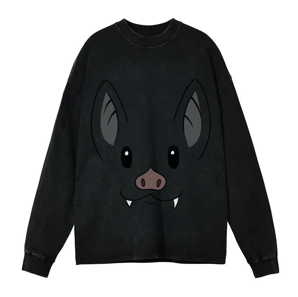 Bat Face Acid Wash Oversized Long Sleeve Shirt