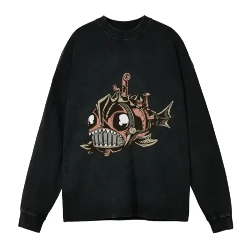 Fish Steampunk Acid Wash Oversized Long Sleeve Shirt
