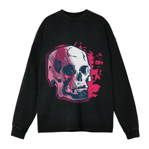 Abstractskull Acid Wash Oversized Long Sleeve Shirt