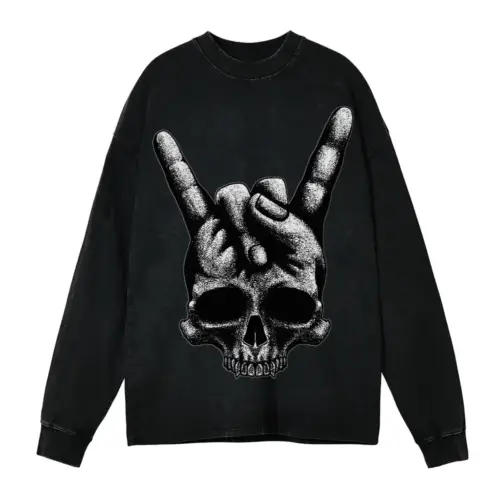 Heavy Metal Skull Acid Wash Oversized Long Sleeve Shirt