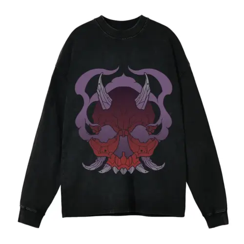 Demon Skull Halloween Acid Wash Oversized Long Sleeve Shirt