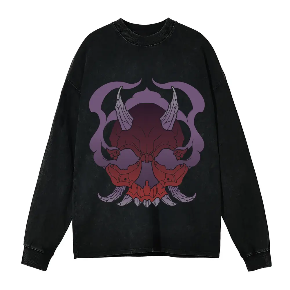 Demon Skull Halloween Acid Wash Oversized Long Sleeve Shirt