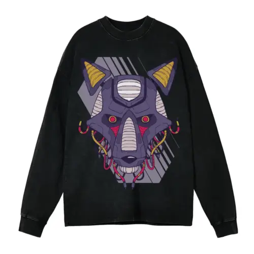 Robot Wolf Acid Wash Oversized Long Sleeve Shirt