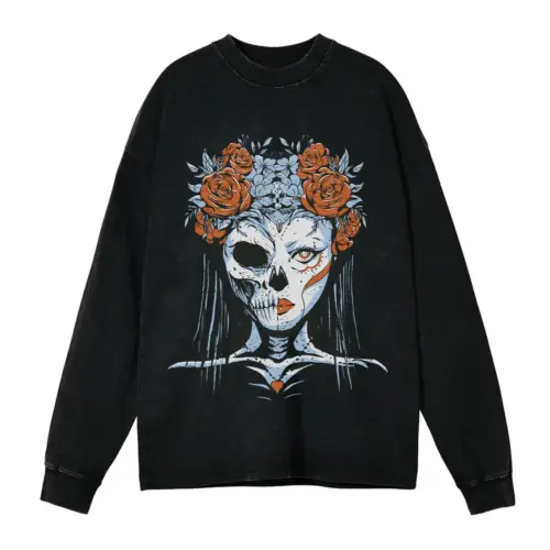 Half Skeleton Bride Acid Wash Oversized Long Sleeve Shirt