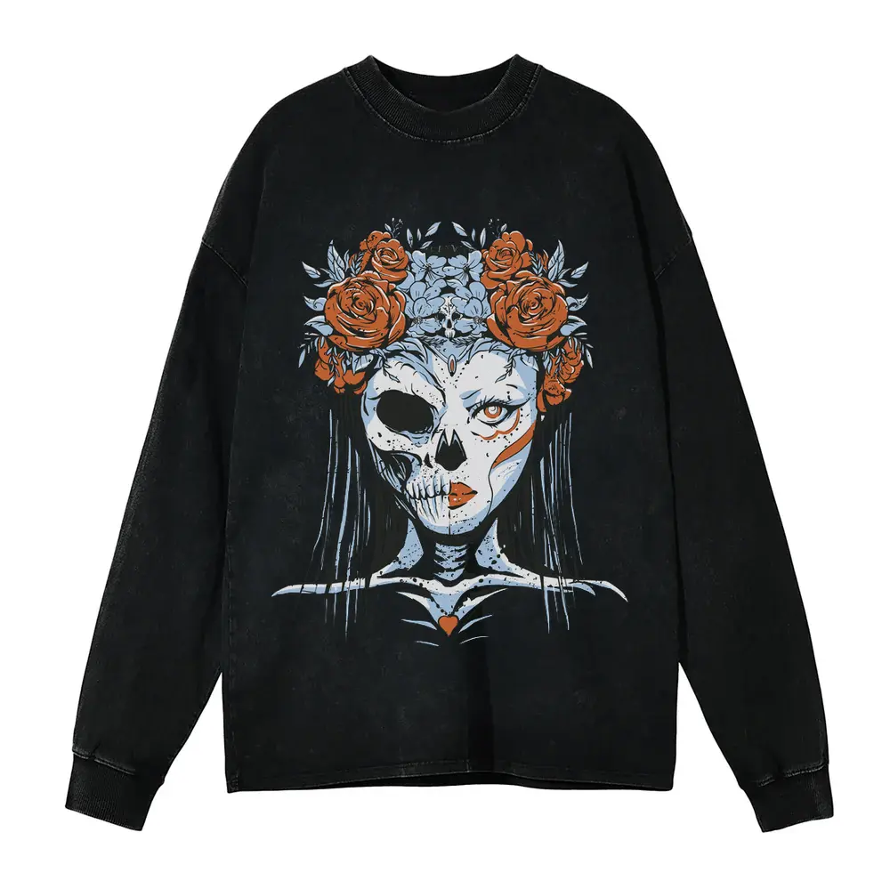 Half Skeleton Bride Acid Wash Oversized Long Sleeve Shirt