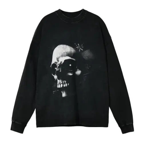 Monochrome Skull Nebula Acid Wash Oversized Long Sleeve Shirt