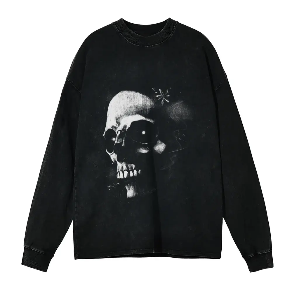 Monochrome Skull Nebula Acid Wash Oversized Long Sleeve Shirt