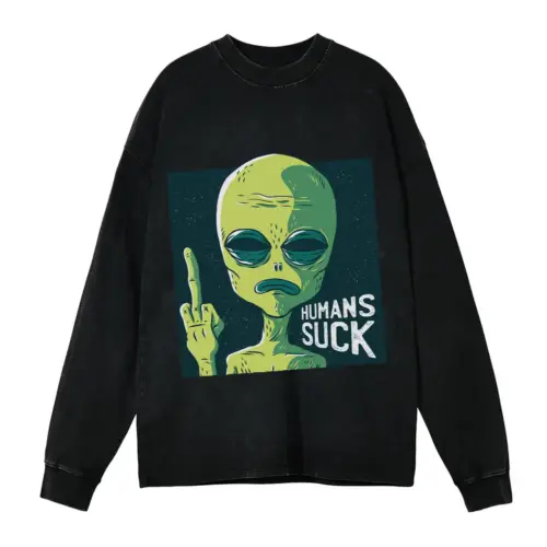 Alien 0 Hq Acid Wash Oversized Long Sleeve Shirt