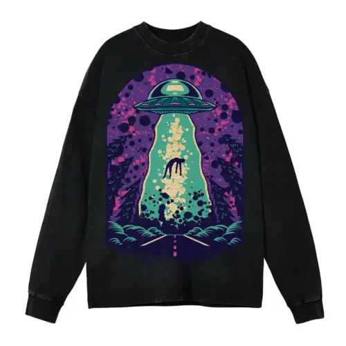 Alien Abduction Acid Wash Oversized Long Sleeve Shirt