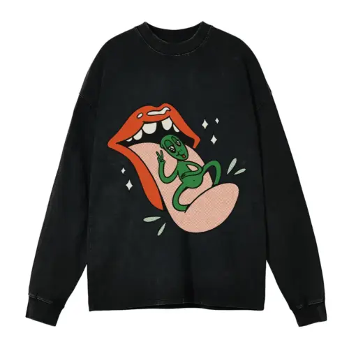 Alien On Tongue Acid Wash Oversized Long Sleeve Shirt