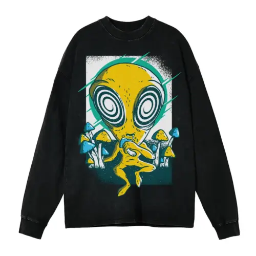 Alien Mushrooms 0 Hq Acid Wash Oversized Long Sleeve Shirt