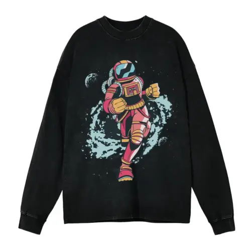 Spaceman Running Acid Wash Oversized Long Sleeve Shirt
