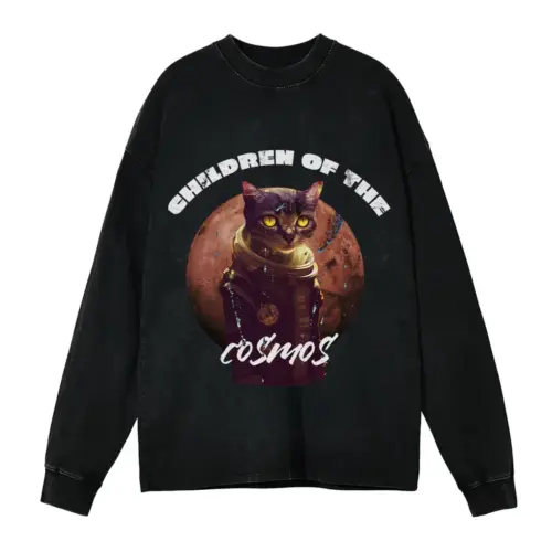 Tote Cat Astronaut Acid Wash Oversized Long Sleeve Shirt