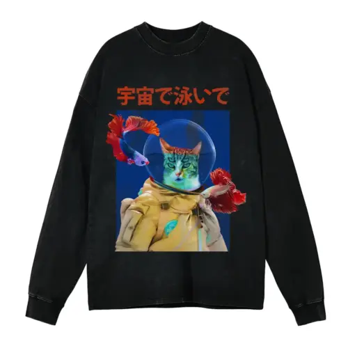 Trippy Cat Astronaut Acid Wash Oversized Long Sleeve Shirt