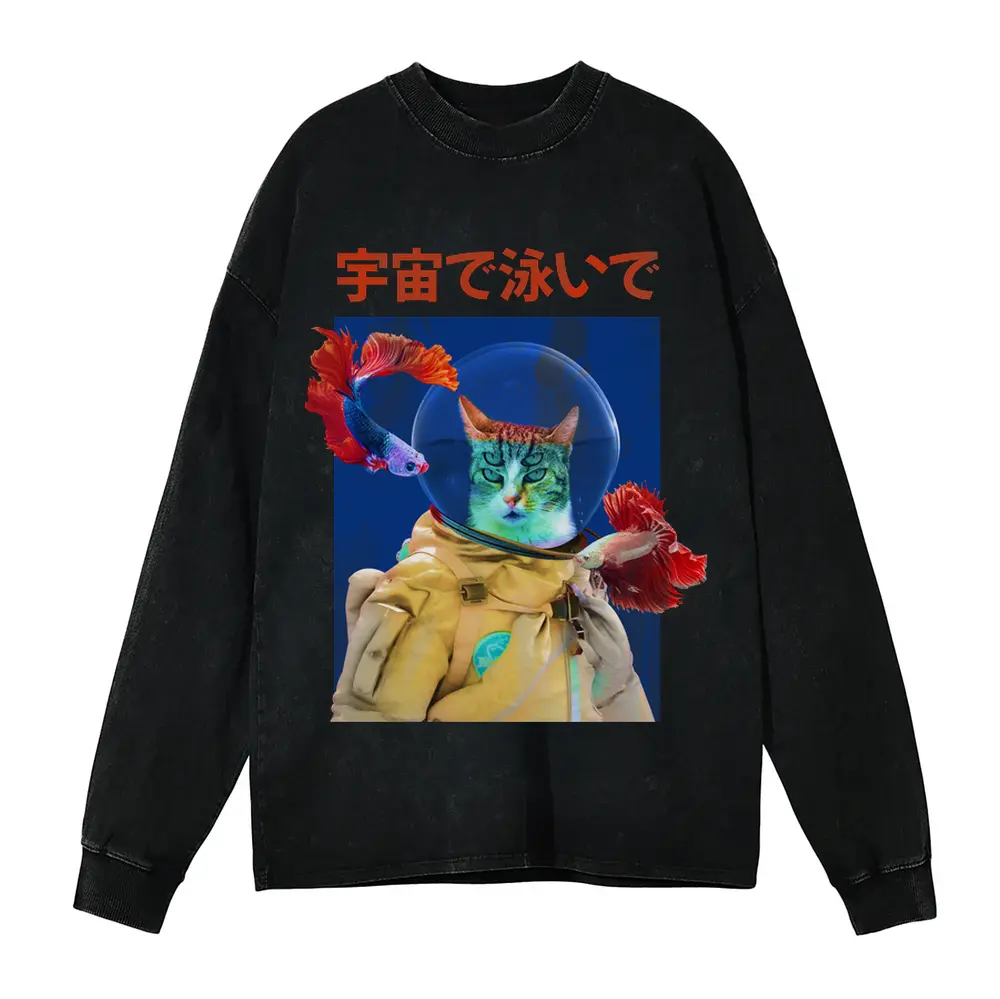 Trippy Cat Astronaut Acid Wash Oversized Long Sleeve Shirt