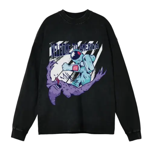 Welcome To America Acid Wash Oversized Long Sleeve Shirt