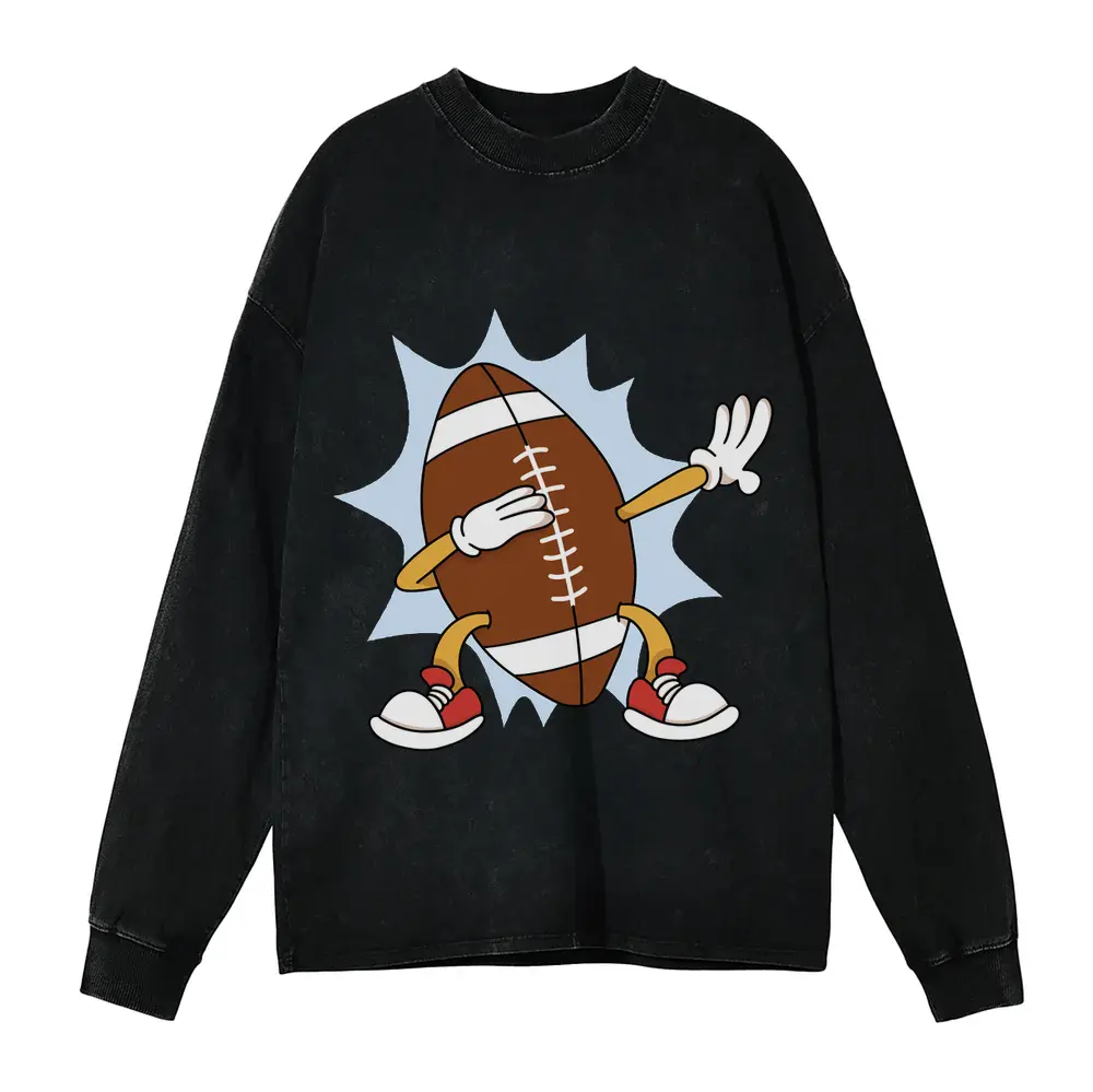 American Football Dabbing Acid Wash Oversized Long Sleeve Shirt
