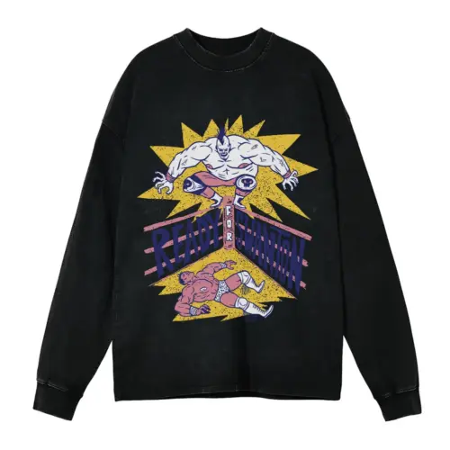 American Wrestling E Acid Wash Oversized Long Sleeve Shirt