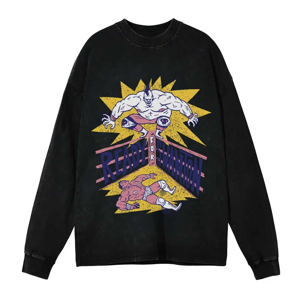 American Wrestling E Acid Wash Oversized Long Sleeve Shirt