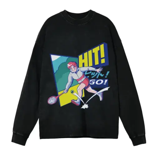 Anime Tennis Acid Wash Oversized Long Sleeve Shirt
