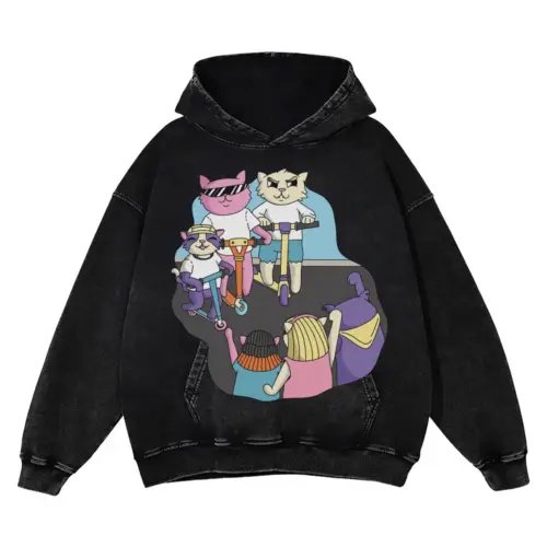 3 Scooter Cats Acid Wash Oversized Hoodie