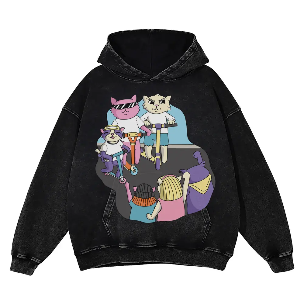 3 Scooter Cats Acid Wash Oversized Hoodie