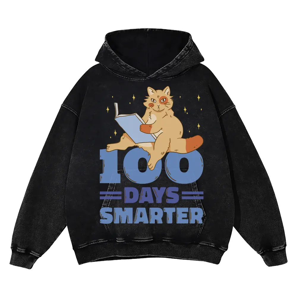 00 Days Smarter Cat Reading Acid Wash Oversized Hoodie