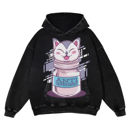 Anti Depressant Cat Acid Wash Oversized Hoodie