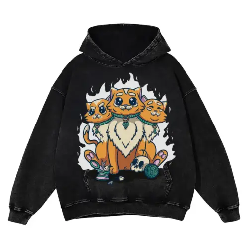 3 Head Cat Acid Wash Oversized Hoodie