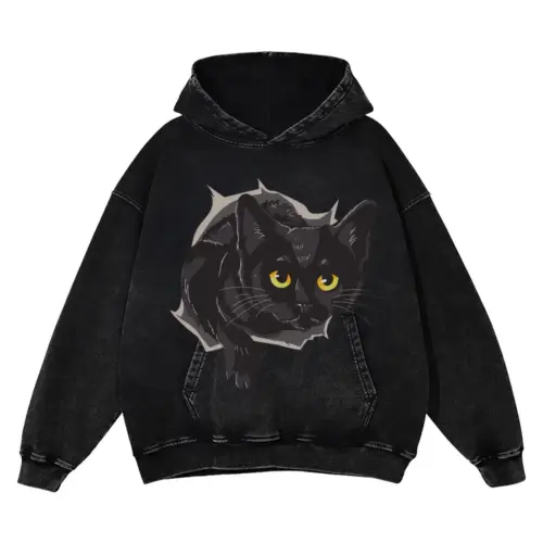 Black Cat Box Acid Wash Oversized Hoodie