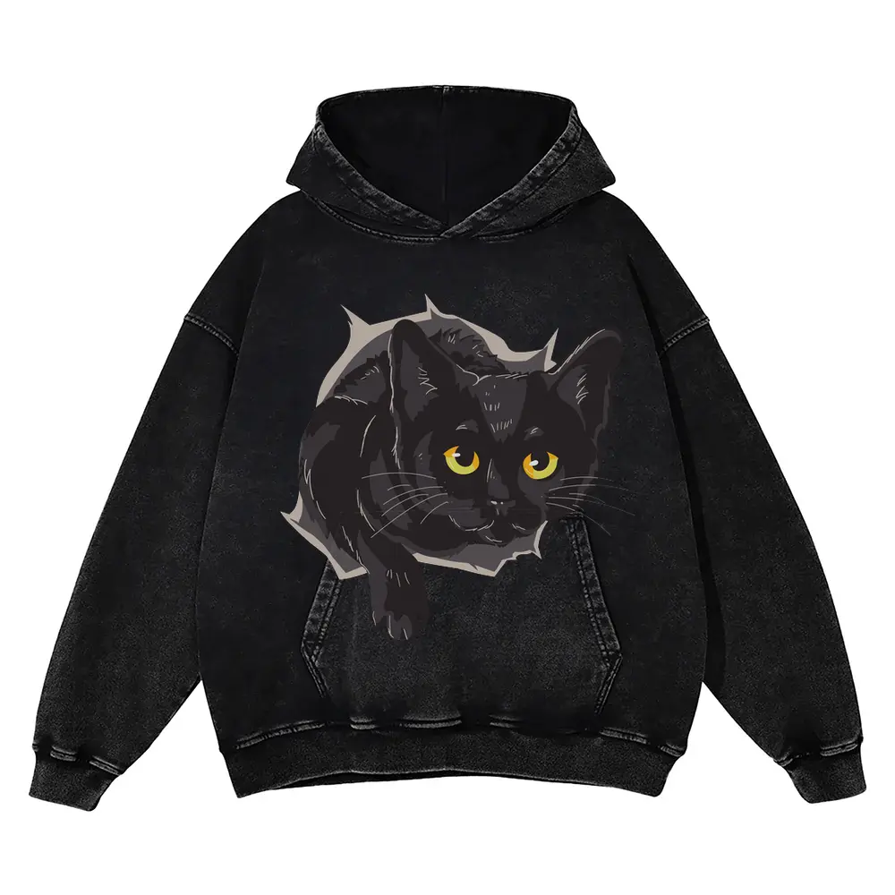 Black Cat Box Acid Wash Oversized Hoodie