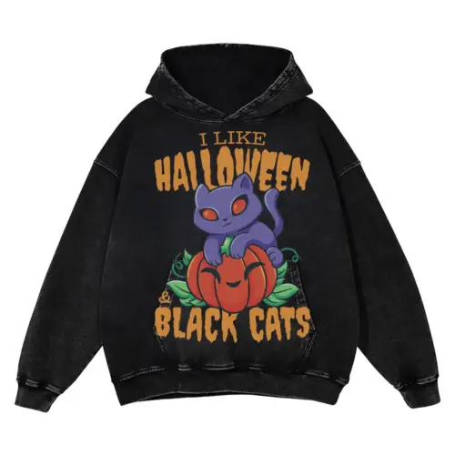 Black Cat Acid Wash Oversized Hoodie