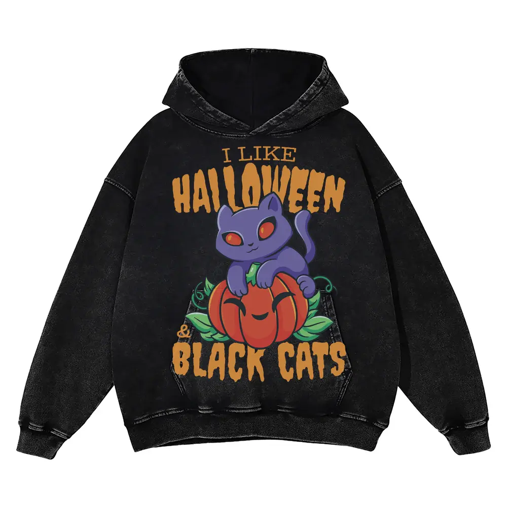 Black Cat Acid Wash Oversized Hoodie