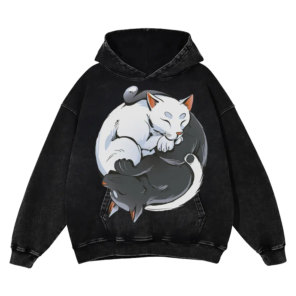 Zen Cats Ying Yang Acid Wash Oversized Hoodie